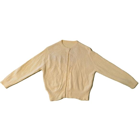 Sweater Womens Hand Beaded Vintage 1980s Small Cream Yellow Sparkly - Picture 2 of 8